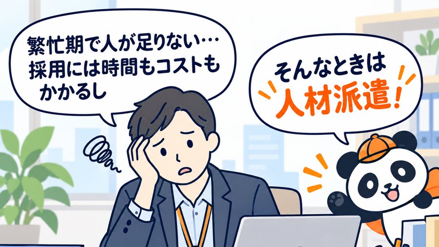 1 コマ目：「繁忙期で人が足りない…採用には時間もコストもかかるし」と悩む担当者に、パンダが「そんなときは人材派遣！」と声をかけている。