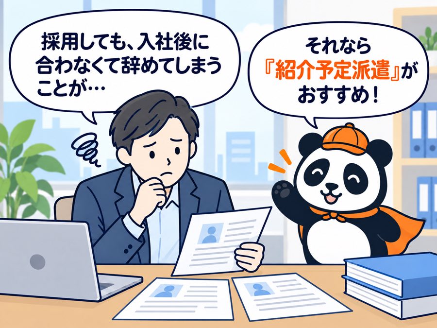 1 コマ目：履歴書を前に「採用しても、入社後に合わなくて辞めてしまうことが…」と悩む採用担当者に、パンダが「それなら『紹介予定派遣』がおすすめ！」と声をかけている。