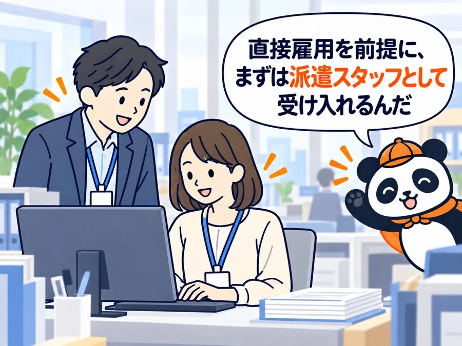 2 コマ目：パンダが「直接雇用を前提に、まずは派遣スタッフとして受け入れるんだ」と説明し、受け入れたスタッフが社員と並んで働いている。