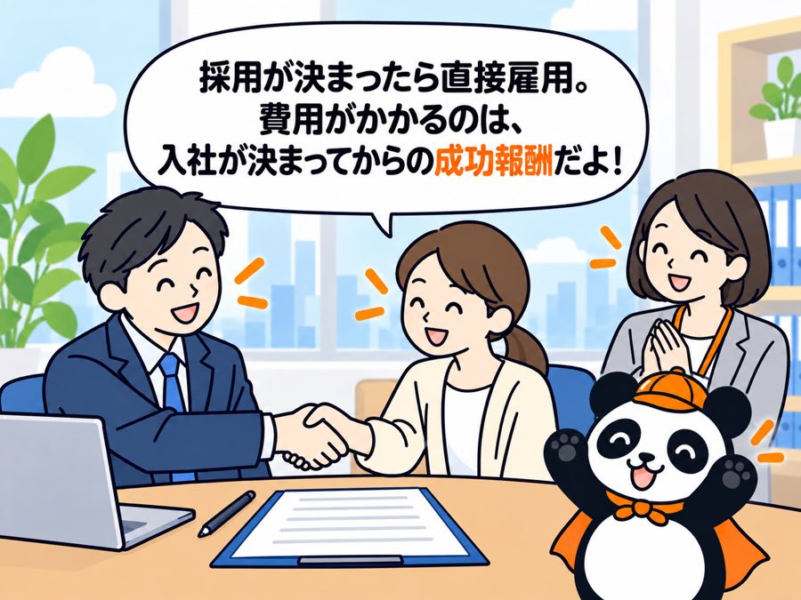 4 コマ目：パンダが「採用が決まったら直接雇用。費用がかかるのは、入社が決まってからの成功報酬だよ！」と伝え、担当者と求職者が握手している。