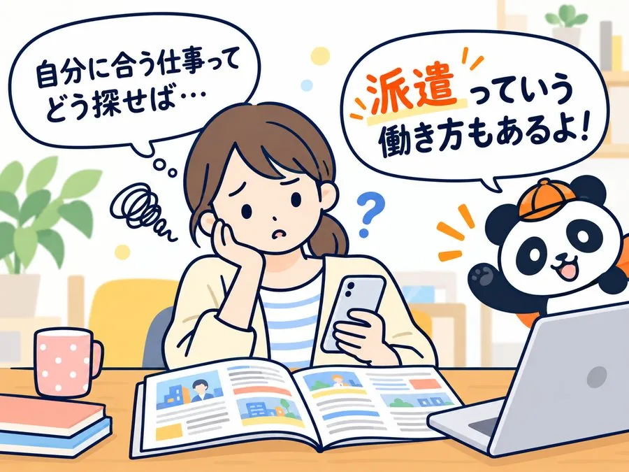 1 コマ目：仕事の探し方に悩む女性に、パンダが「派遣という働き方もあるよ！」と声をかけている。