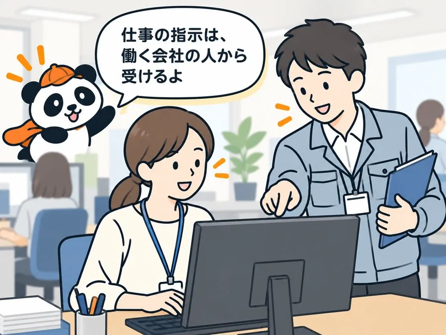 6 コマ目：派遣先の職場で、パンダが「仕事の指示は、働く会社の人から受けるよ」と説明している。