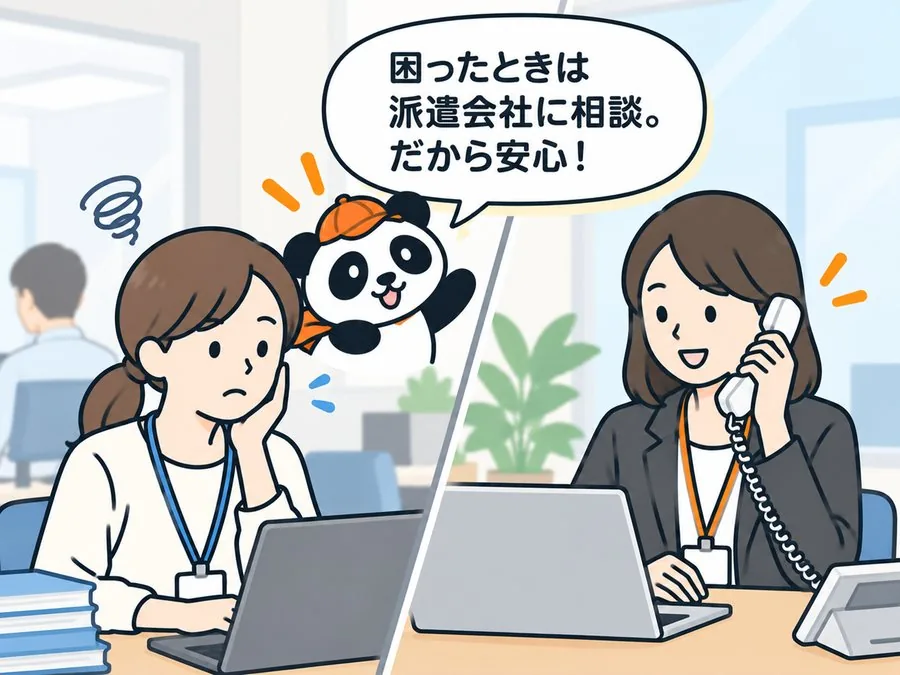 7 コマ目：困りごとを抱えた場面で、パンダが「困ったときは派遣会社に相談。だから安心！」と伝えている。