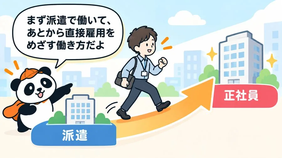 2 コマ目：パンダが「まず派遣で働いて、あとから直接雇用をめざす働き方だよ」と説明し、派遣から正社員へ向かう矢印が描かれている。