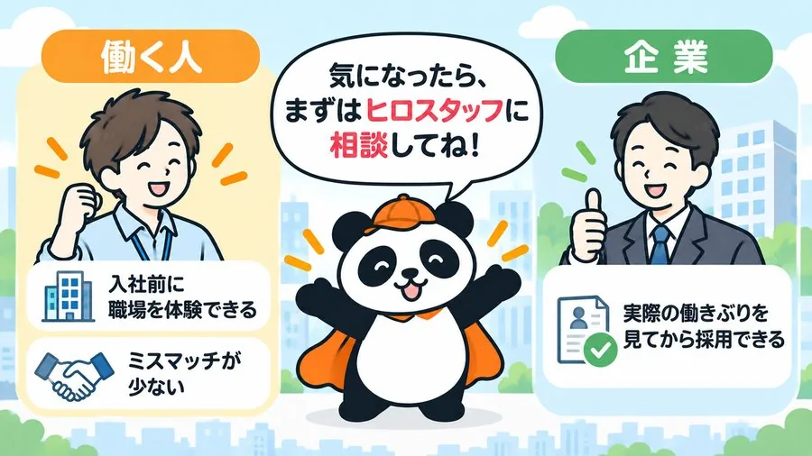 5 コマ目：働く人と企業の両方の利点を並べた図。働く人は入社前に職場を体験できてミスマッチが少なく、企業は実際の働きぶりを見てから採用できる。パンダが「気になったら、まずはヒロスタッフに相談してね！」と伝えている。